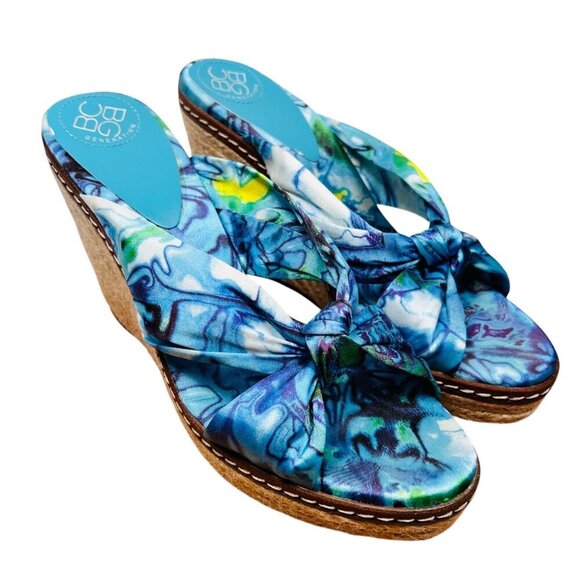 BCBG Size 8.5 Floral Satin Wedge Espadrille Sandal Jute Peep Toe Brunch Coastal - Picture 1 of 8